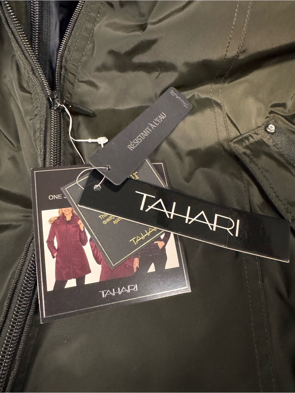 Tahari Olive Green Hooded Puffer Coat with Faux Fur Trim - Picture 2 of 6